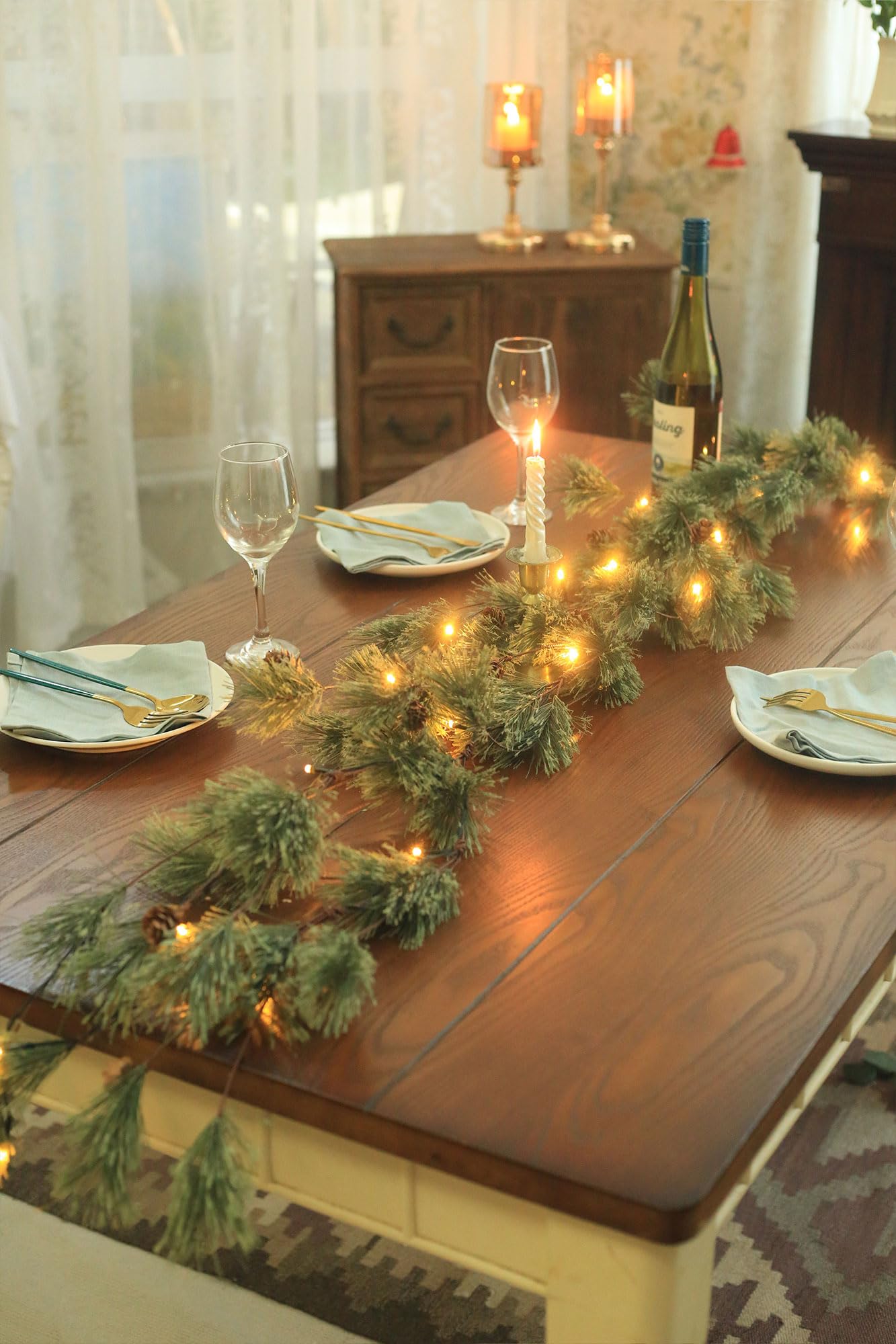 6.4ft Smokey Christmas Garland with Lights, Prelit Natual Rustic Cedar Pine Garland with Pine Cones for Home New Year, Mantle, Fireplace, Indoor Outdoor Decoration Simple Garland
