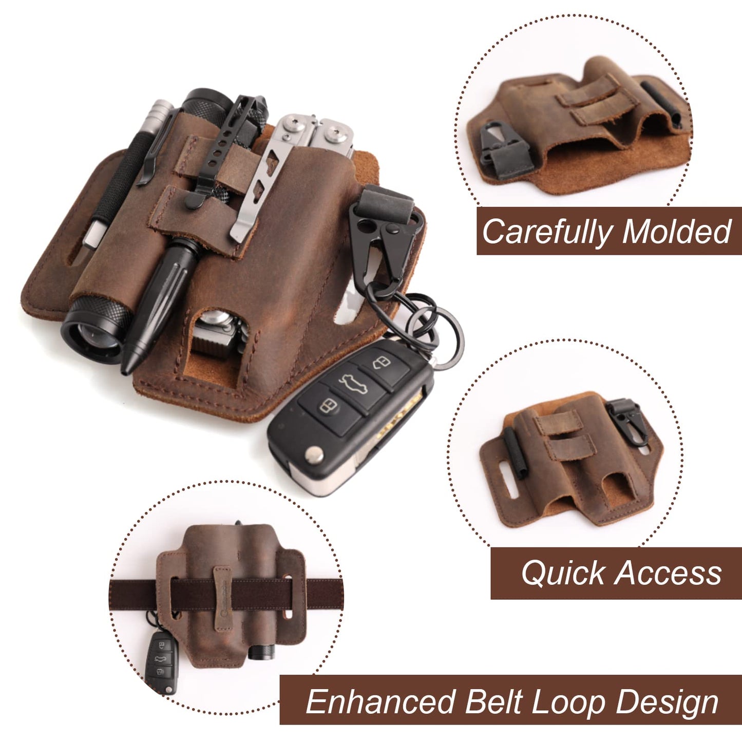 Gentlestache Multitool Leather Sheath for Belt, EDC Organizer, Multitool Pouch,Leather EDC Sheath with Elastic Band Pen Holder, Flashlight Holder and Keychain Clip, Practical Belt Pouch for EDC Gears