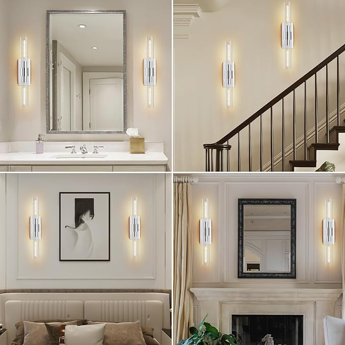 Chrome Wall Sconces, 22.8" Bathroom Sconces, Indoor Sconces Wall Lighting Up and Down, Nickel Wall Sconce Dimmable, Vanity Lights Fixtures with Tube, Glass Sconce for Bedroom, Staircase