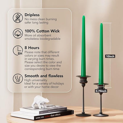 10-Inch Tall Dripless Taper Candles Set of 4 - Emerald Tapered Candles, Perfect for Spring - Smokeless, Unscented, Long Burning - Hand Poured, Colored Tall Candlesticks - Jade