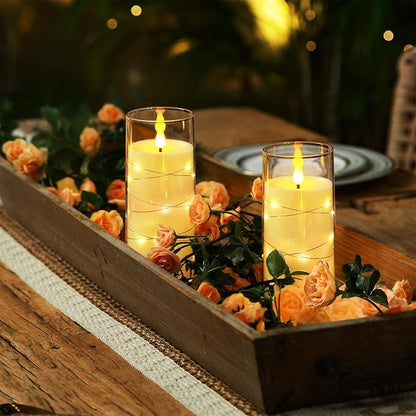 Homemory Flameless Candles with Embedded Star String Fairy Lights, Battery Operated Candles, LED Candle, Fake Candles with Remote Control and Timer, White, Set of 2(H 6" 6")