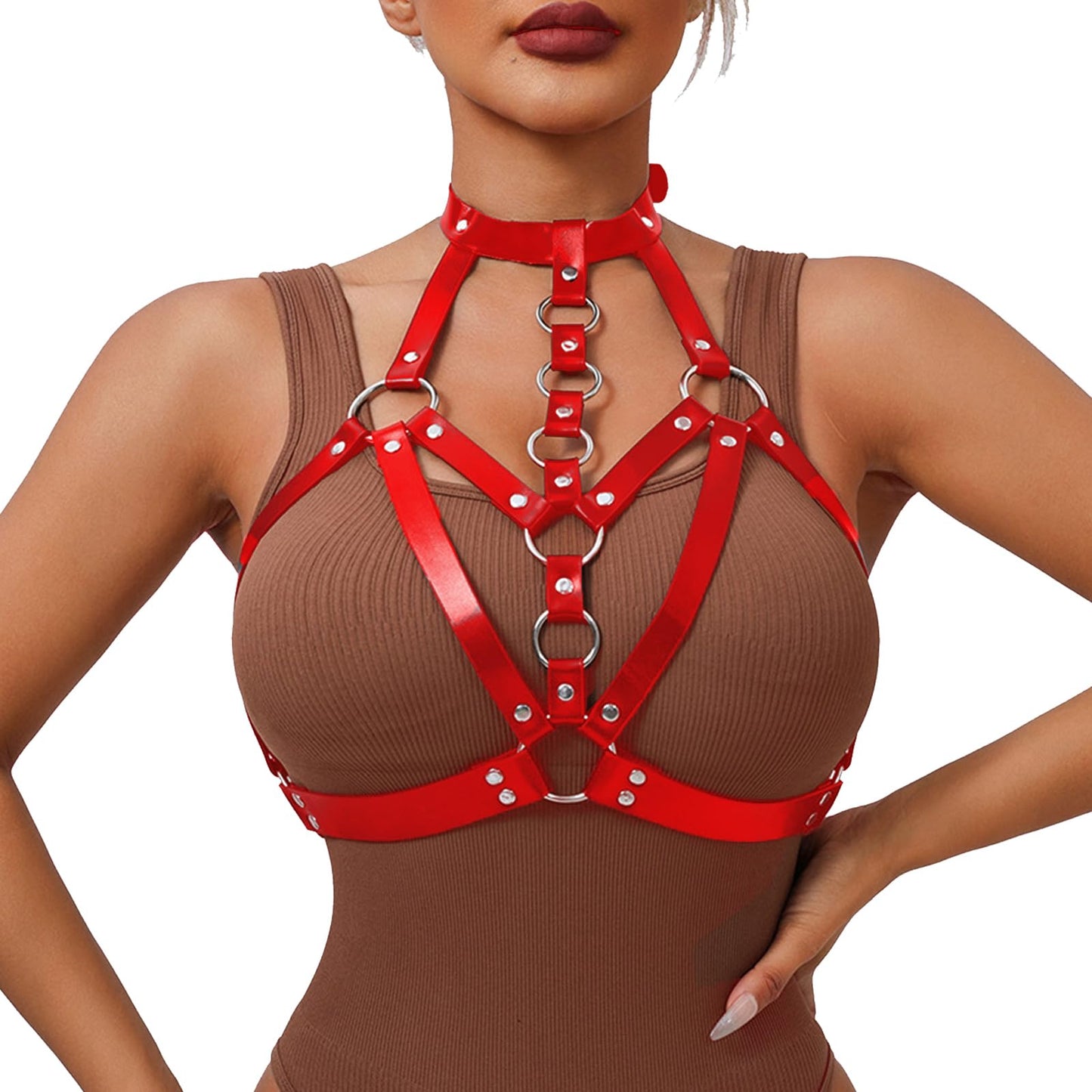 Punk Burgundy Red Leather Chest Harness for Women, Adjustable Strap Body Harness Belt Goth Lingerie Decorative Strap, Club Party Caged Bra Harness,Body Chains Rave Accessories and Gift