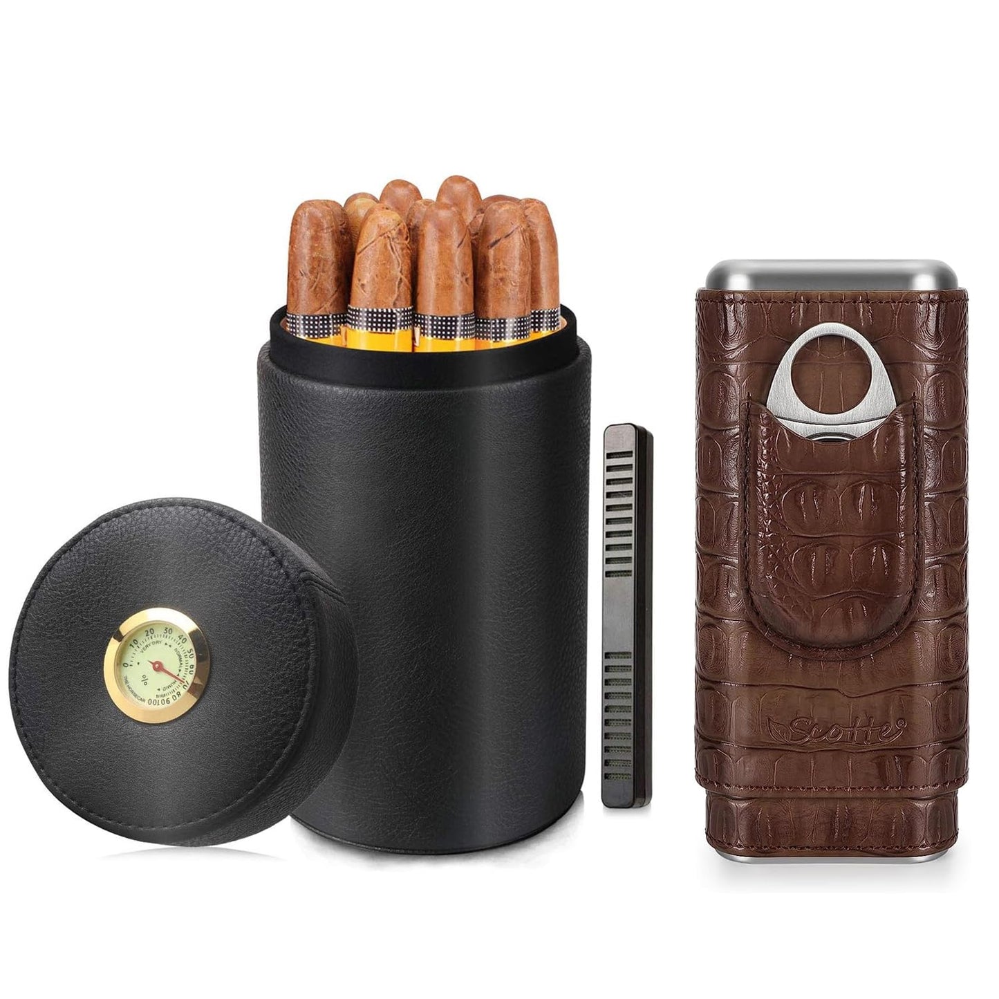 Scotte Cigar Humidor Case/Jar,Leather Cigar Case Cedar Wood Lined Cigar Box
