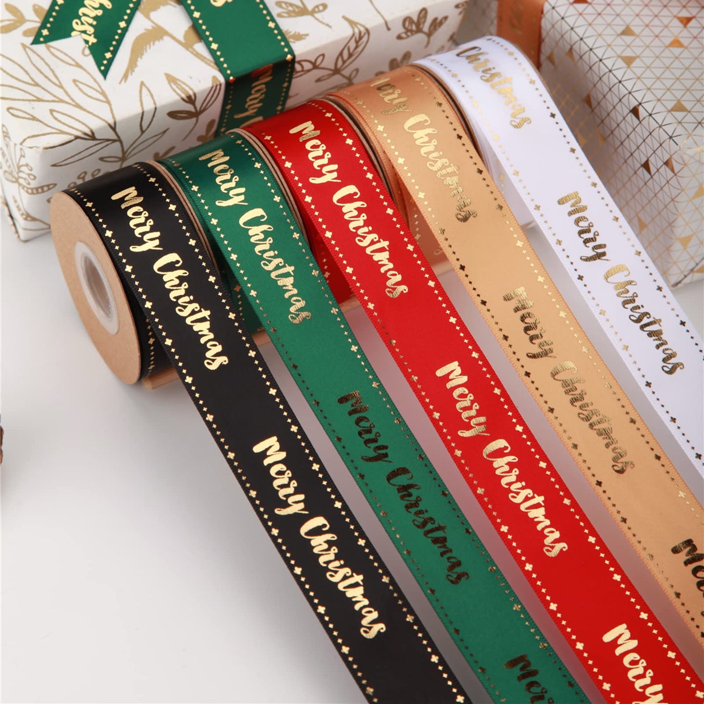 Meseey Merry Christmas Ribbon 10 Yards 1Inch Wide White Satin Ribbons with Gold Printed Gift Ribbon for Craft Packing, Gift Wrapping, DIY Craft, Christmas Party Supplies