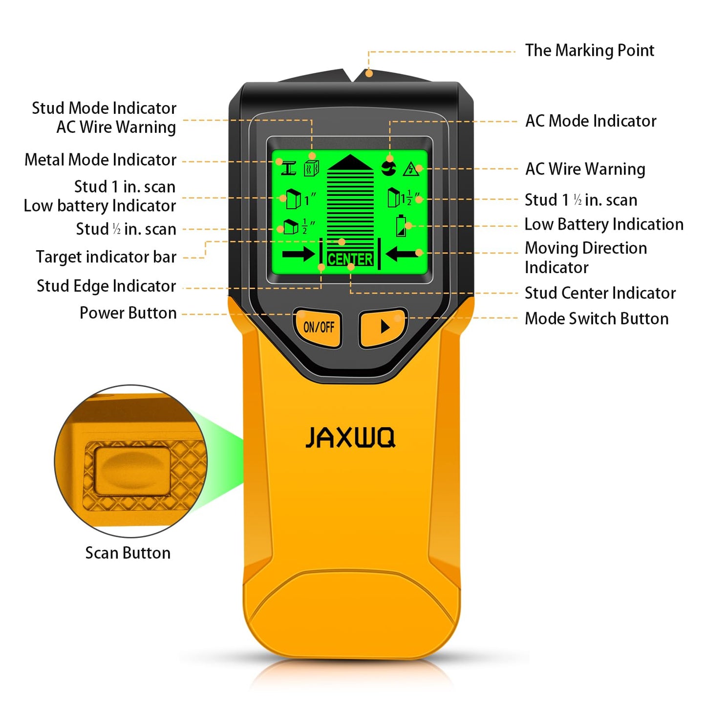 Stud Finder Wall Scanner - 5 in 1 Stud Finder Tool w/Smart Chip and HD LCD Display, Stud Detector Beam Finders for the Center and Edge of Wood AC Wire Metal Studs Joist Pipe (Yellow Feathers)
