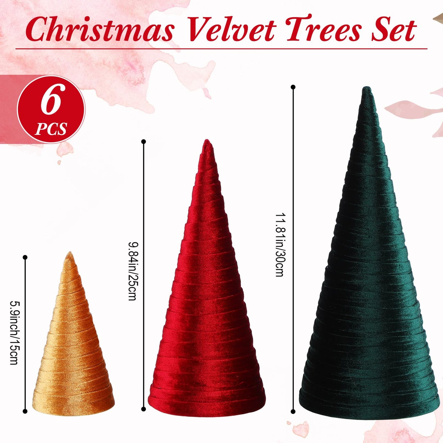 Hoolerry 6 Pcs Christmas Velvet Trees with Gold Pedestal Christmas Velvet Cones Tree Mantel Decor Modern Rustic Winter Home Minimalist for Holiday Entryway Table Wedding Centerpiece(Xmas)