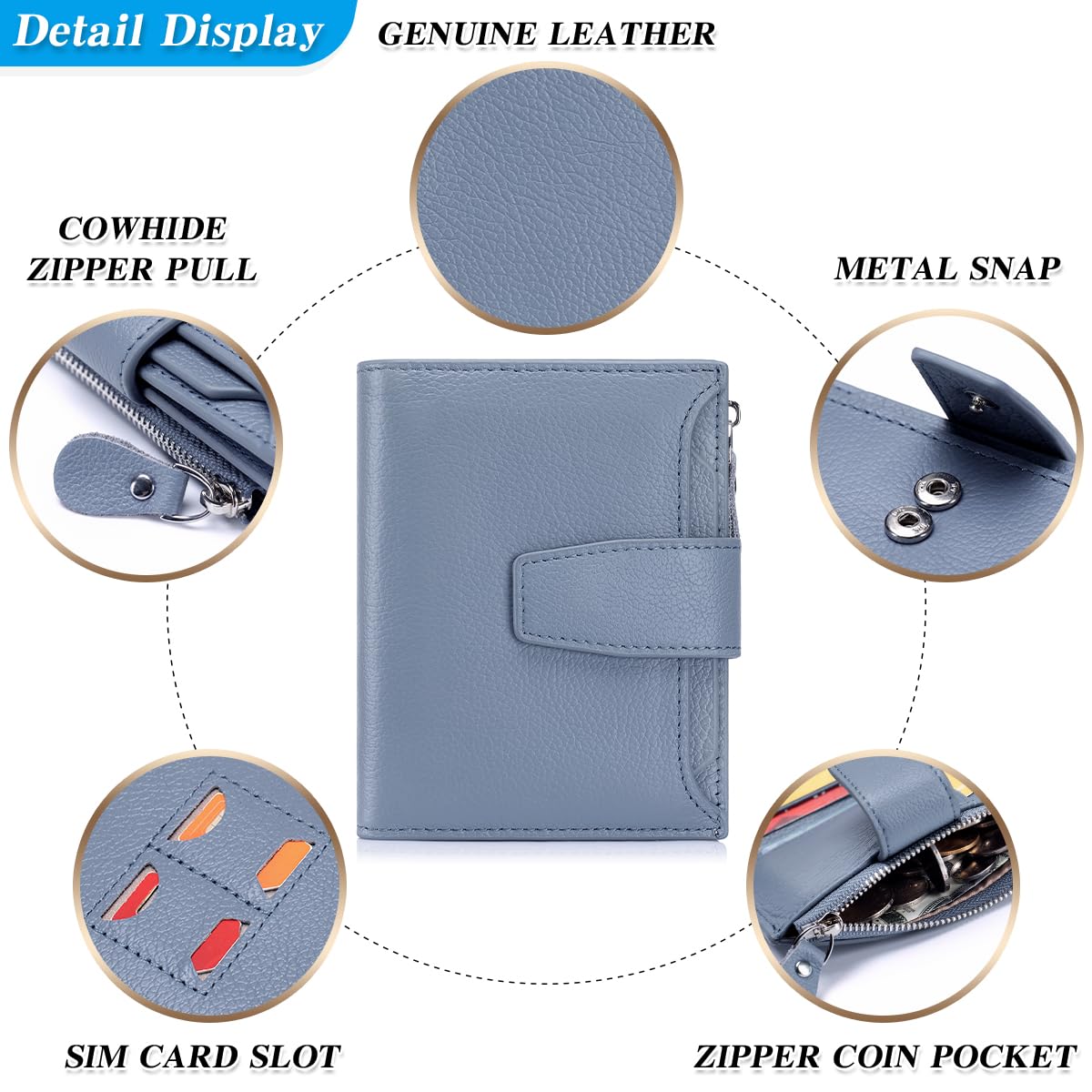 FREYAMIRA Rfid Blocking Wallet for Women Bifold Leather Wallet Compact Card Holder with Zipper Coin Pocket & 4 ID Windows,Blue