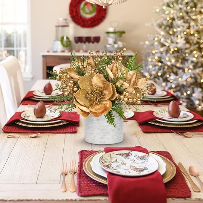 13 inch Gold Christmas Table Centerpiece 5" Glitter Magnolia Flower and Berries Fir Greenery Artificial Christmas Floral Centerpiece in Silver Ceramic Pot TableTop Christmas Table Arrangement Decor