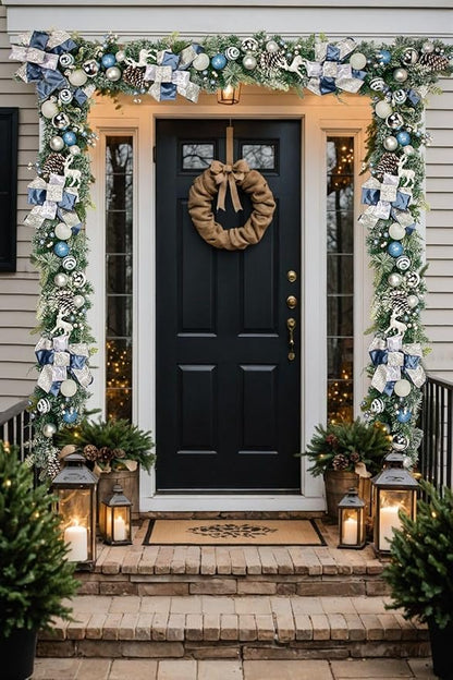 Christmas Garland for Front Door, 6 Foot Artificial Unlit Winter Garland with Pine Cones, Berry Clusters, Blue Ball Ornaments and Ribbons for Thanksgiving Holiday Christmas Decoration