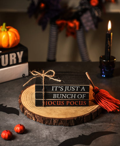 Halloween Wood Book Stack, Hocus Pocus Mini Faux Books Bundle, Halloween Tiered Tray Decor for Home Table Mantle Shelf