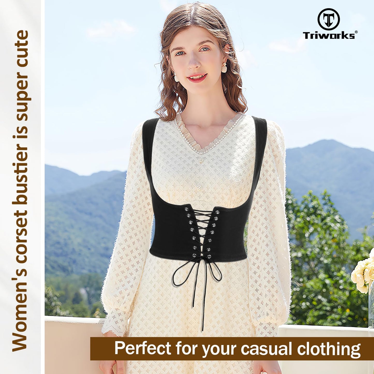 TRIWORKS Lace Up Corset Bustier Women's Waist Trainer Belt Tank Steampunk Underbust Velvet Corset