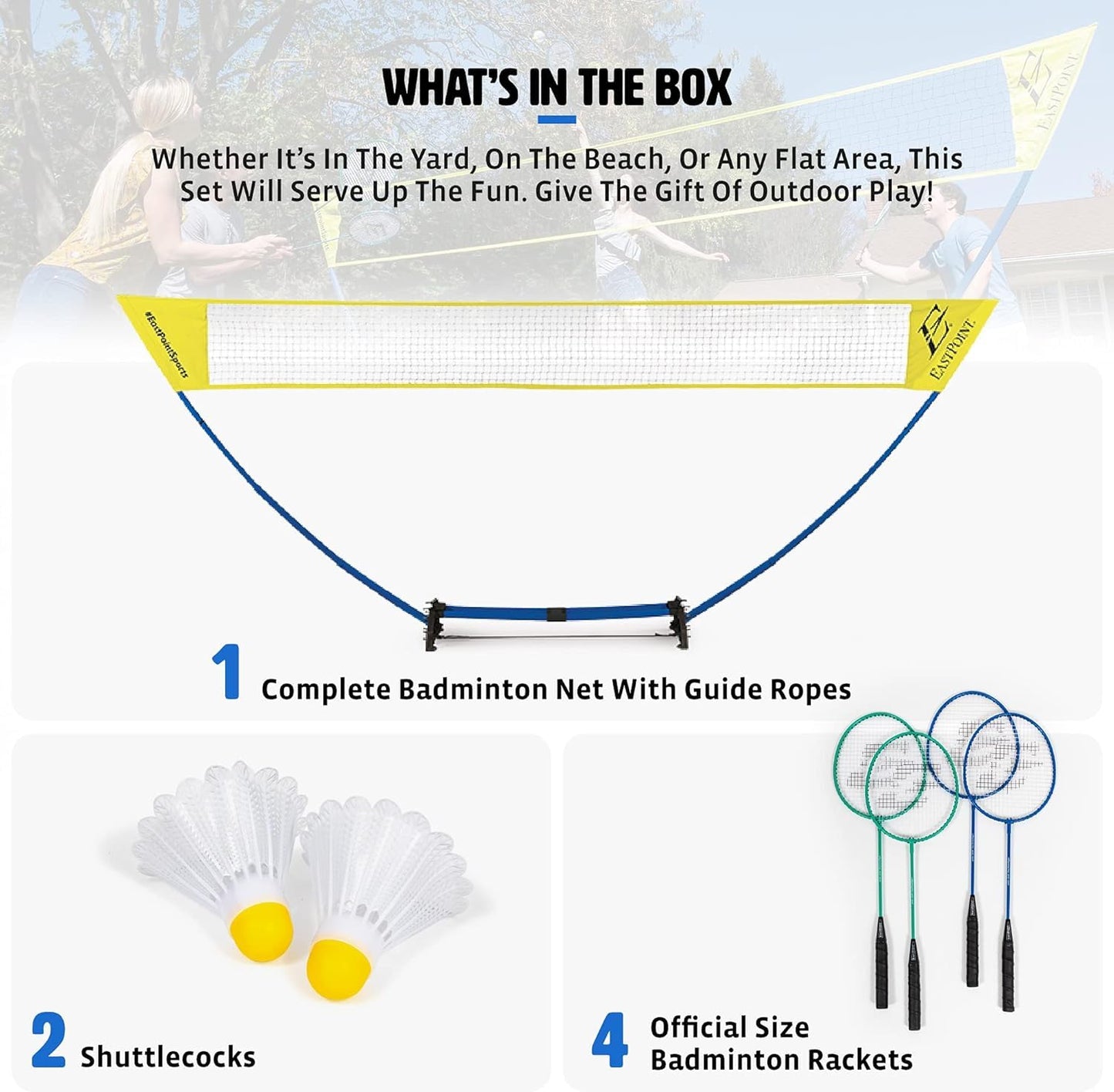 EastPoint Easy Setup Badminton Set - 5 ft Net, 4 Rackets, 2 Shuttlecocks - Quick Setup Net for Backyard Games - Steel Shaft Badminton Rackets for Family Games - Durable Shuttlecocks for Outdoor Sports