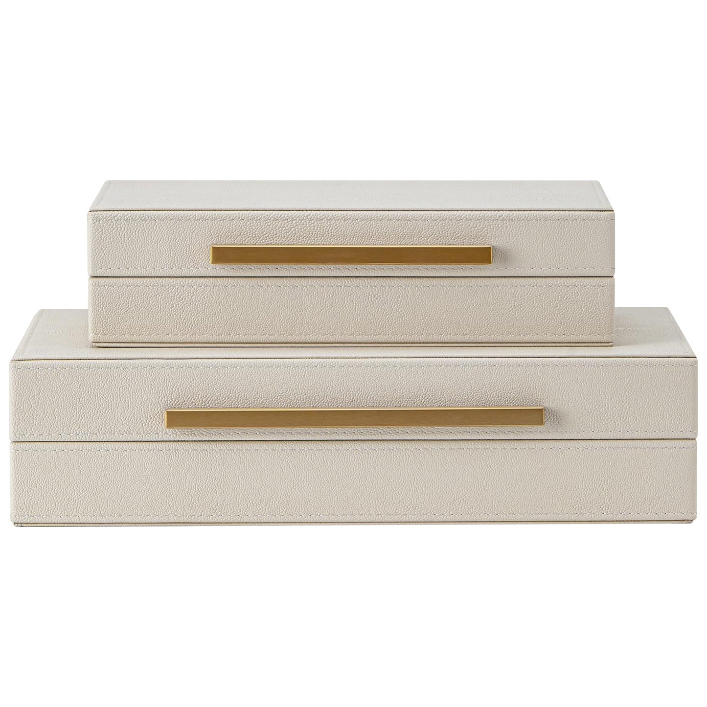 SYYSY Set of 2 Beige Shagreen Decorative Storage Boxes with Gold Metal Handles – Faux Leather Jewelry & Memory Boxes, Nesting Photo Organizers for Home Decor