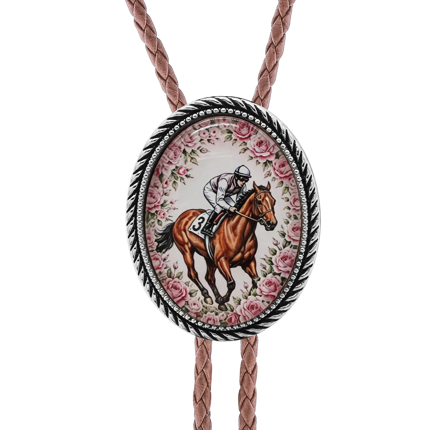 Jeilwiy Bolo Tie for Men Silver Equestrian Horse Racing Western Necktie Brown Leather Cowboy Bolero Tie for Jockeys and Horse Lovers