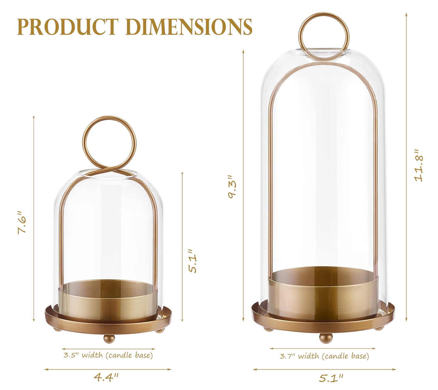 BUZFOWU Candle Holder Lanterns, Handcrafted Metal & Glass with Modern Aesthetic Design, Hurricane Pillar Candlestick Holders, Table or Hanging Decorations Set of 2, 5.1" & 4.4" Diameter, Gold