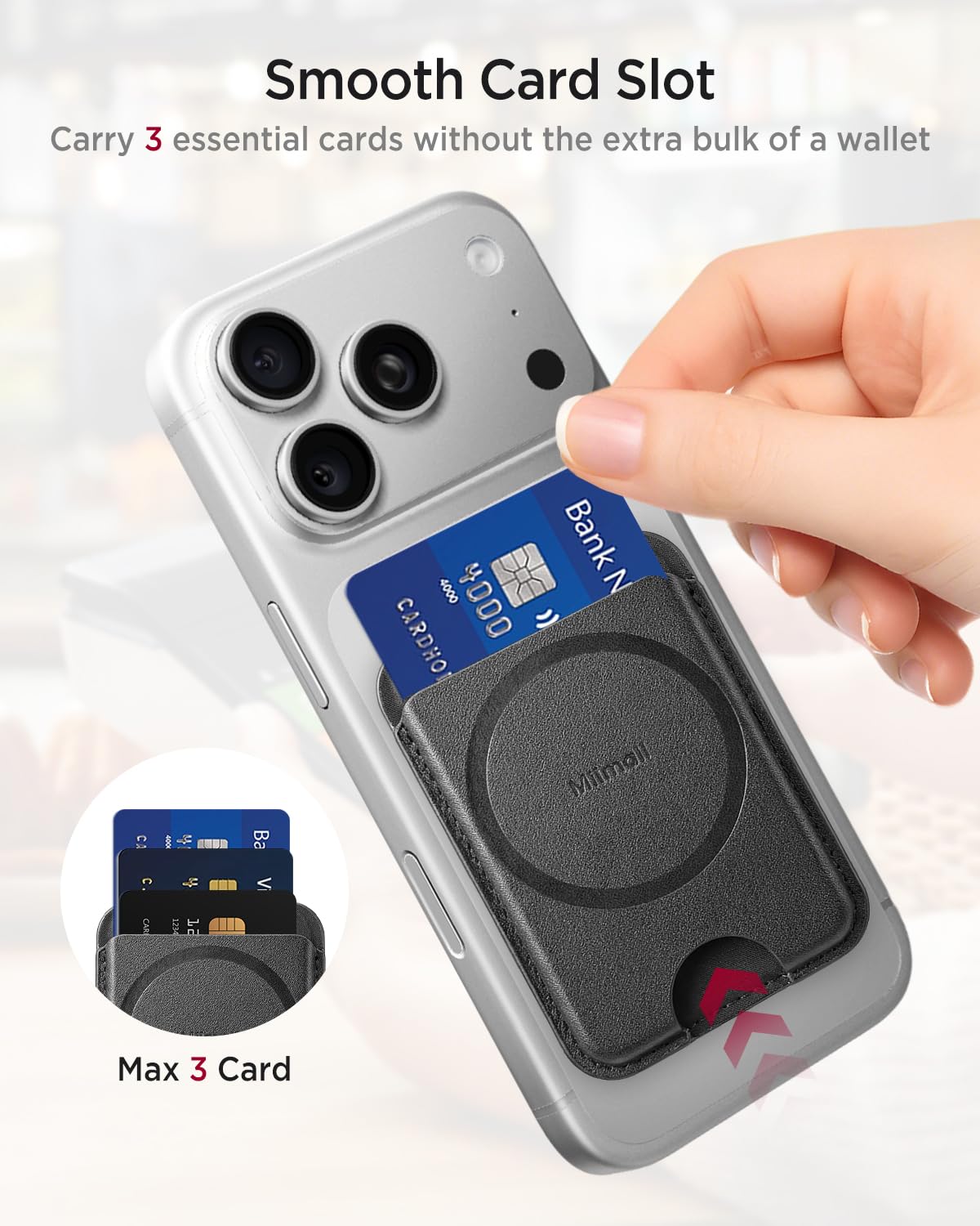 Miimall for MagSafe Wallet Leather, [RFID Blocking] 3-Card Holder for iPhone 17/16/15/14/13/12 Pro Max Plus Air, Google Pixel 10 Series, Double Sided Ultra Thin Slim Strong Magnetic Phone Wallet Black
