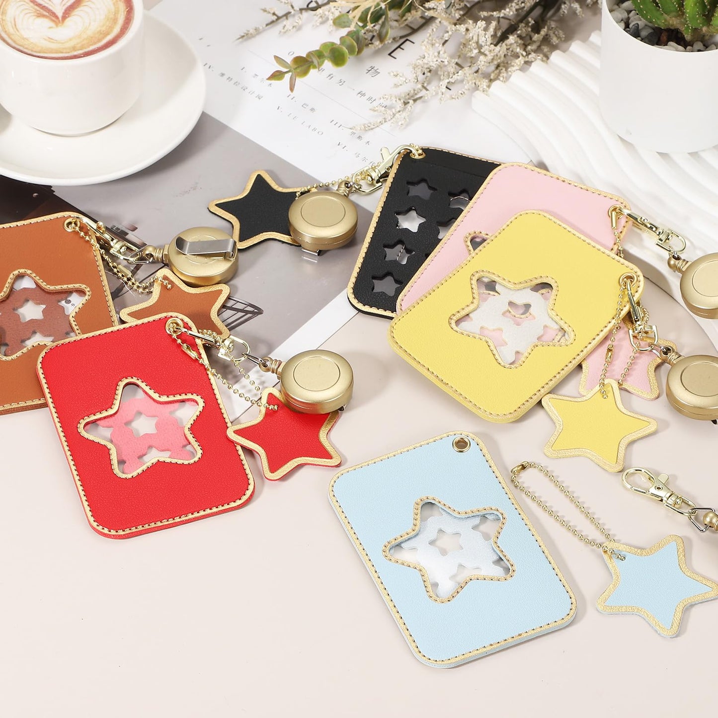 PATIKIL Retractable Badge Holders, 2 Pcs Cute Leather ID Holder with Badge Reels Keychain ID Card Clip Protector Cover for Women Work Office Business Trip, Pink/Red