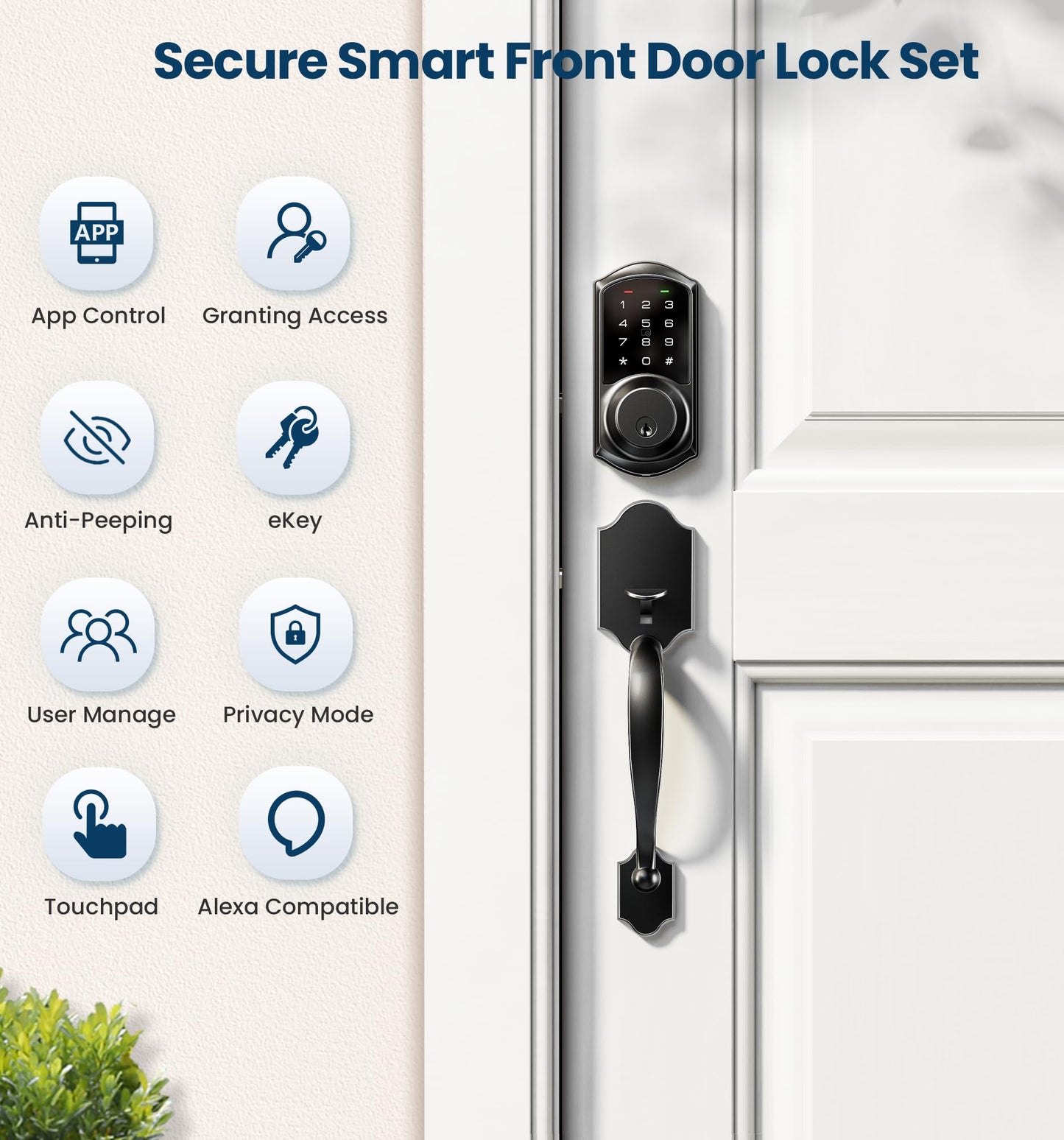 Veise VE06-H Smart Front Door Lock Set, App Control, Keyless Entry Deadbolt with Lever Handle, Electronic Digital Touchscreen Keypad, Auto Lock, Easy Install, Matte Black