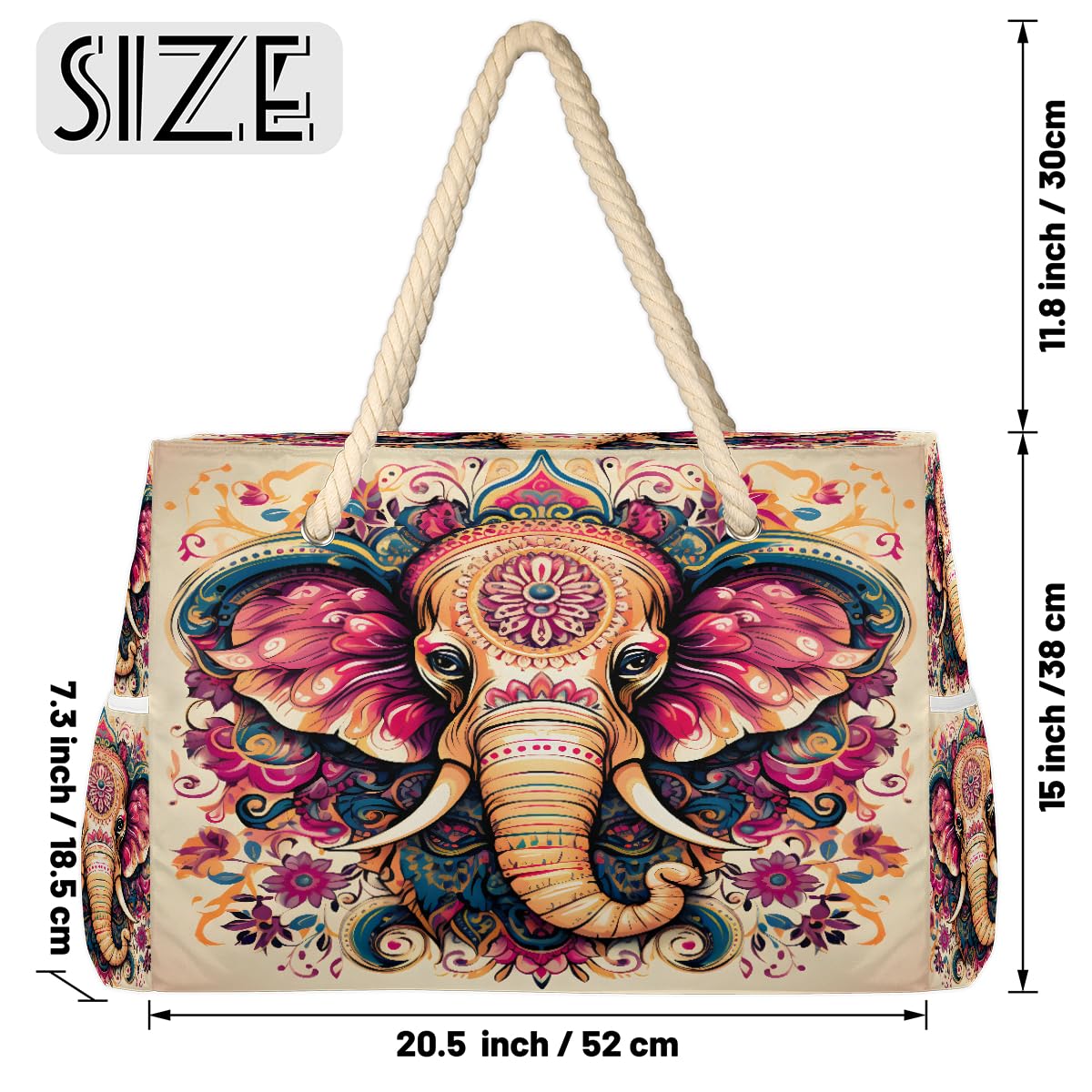 ModaQua Elephant Floral Splendor Beach Bags Waterproof Sandproof for Women, Large with Zipper Pool Beach Tote Reusable Grocery Shoulder Bag for Swim Travel Shopping Vacation Picnic