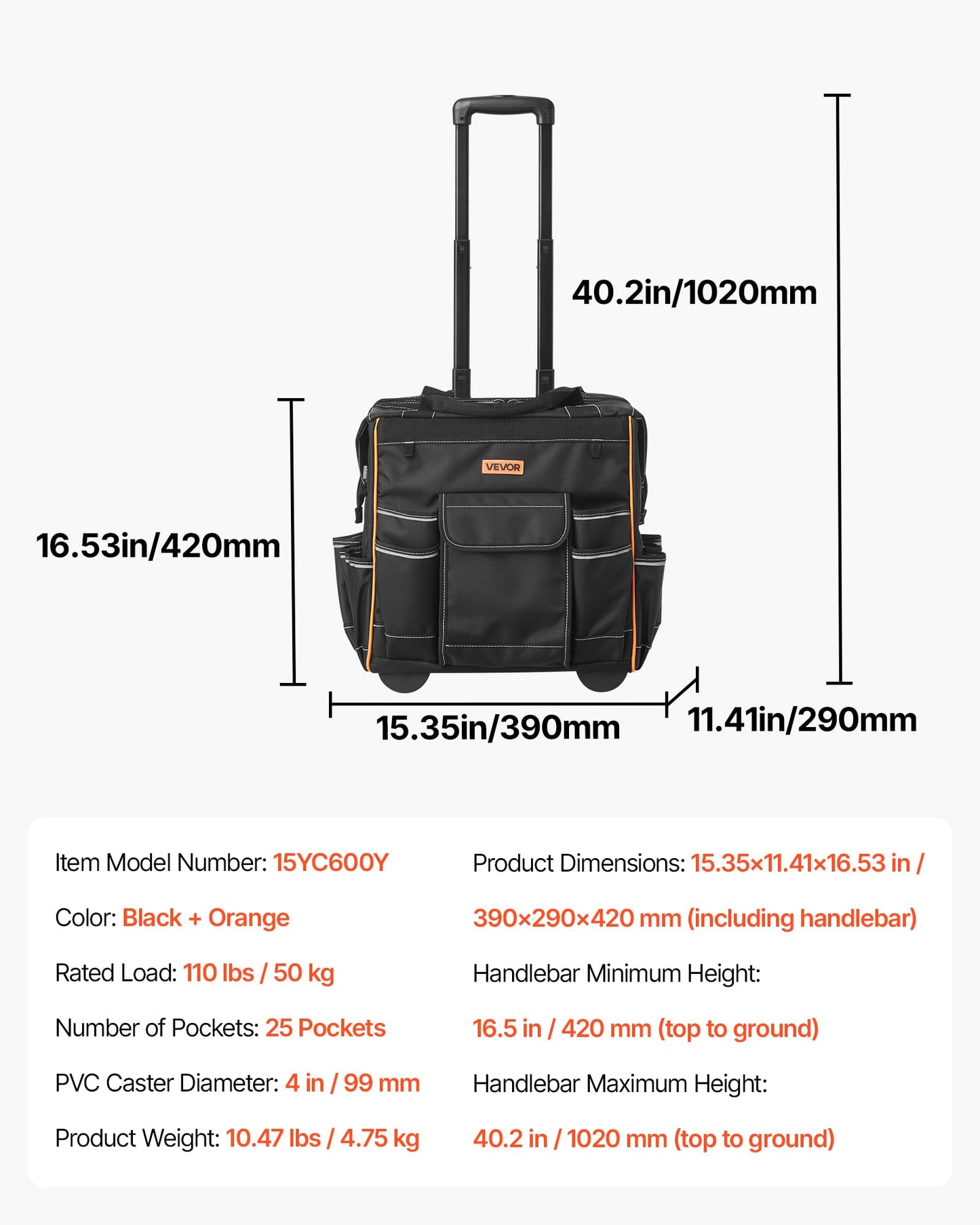 VEVOR 15" Rolling Tool Bag, 110 lbs Load Capacity, 25 Pockets Heavy Duty Roller Tool Bag on Wheels, Adjustable Telescoping Handle & Stable Base, Toolbag Organizers w/Wheels for Construction, Mechanic