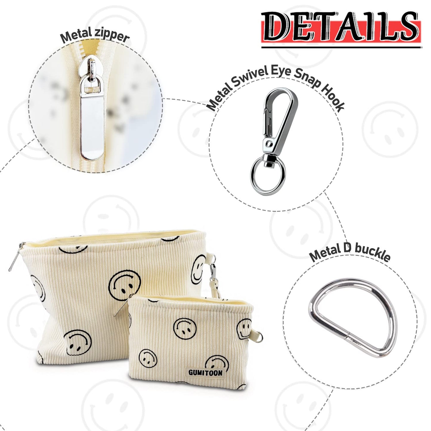 GUMITOON 2pcs Cosmetic Bags,makeup bag for women,aesthetic organizer toiletry bags,travel essentials,travel size toiletries,a small make up bag and a big make up bag(smiley face bag)