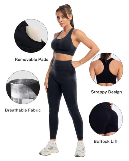 SALSPOR 3 Piece Workout Sets for Women Butt Lifting Leggings with High Impact Sports Bra Gym Shorts Activewear Matching Set(3DWX-Washed Black-M)