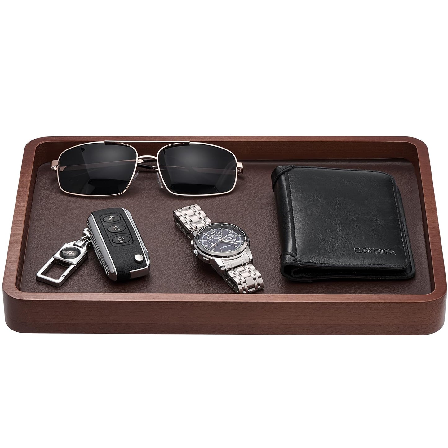 ProCase Wooden Valet Tray for Men, Wood Catch-All EDC Organizer, Fathers Day Gift, Nightstand Entryway Bedside Dump Holder for Wallets, Keys, Watches, Phones, Loose Change, Trinkets -DarkBrown