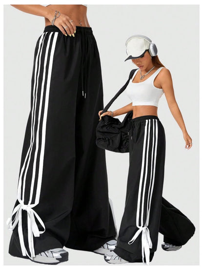 BEAUDRM Women's Y2K Baggy Bow Wide Leg Pants Striped Track Elastic Waist Long Sweatpants Parachute Pants Black and White Large