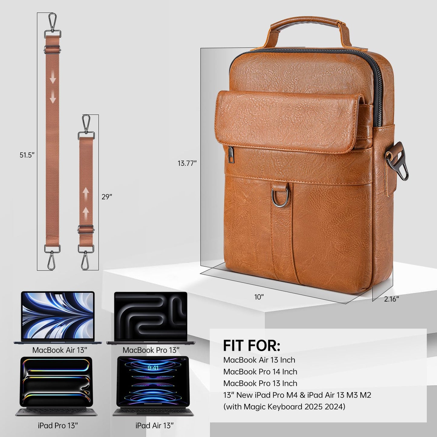 13 Inch Laptop Shoulder Bag Leather Briefcase for 2026 Macbook Neo A18, Macbook Air 13" M5 M4 M3 /Macbook Pro 14" M5 M4, iPad Air 13"/Pro 13" M5 M4, Vertical Laptop Sleeve Messenger Computer Bag,Brown