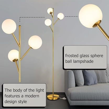 Globe Mid Century Tree Floor Lamp with 3 Light Bulbs,70in Tall Standing Glod Floor Lamp with Frosted Glass Shade for Living Room,Office,Bedroom, Study Room, Hotel, Antique Brass Lighting