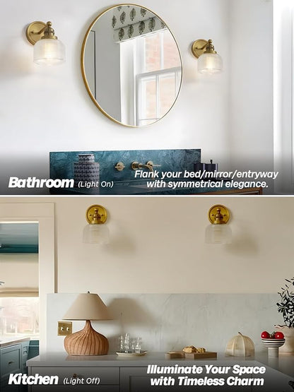 Gold Wall Sconces,Vintage Bathroom Vanity Light with Hand-Blowing Clear Glass Minimalist Brass Wall Sconce Light for Bathroom Mirror Living Room Bedroom Kitchen E26 Hardwire Indoor