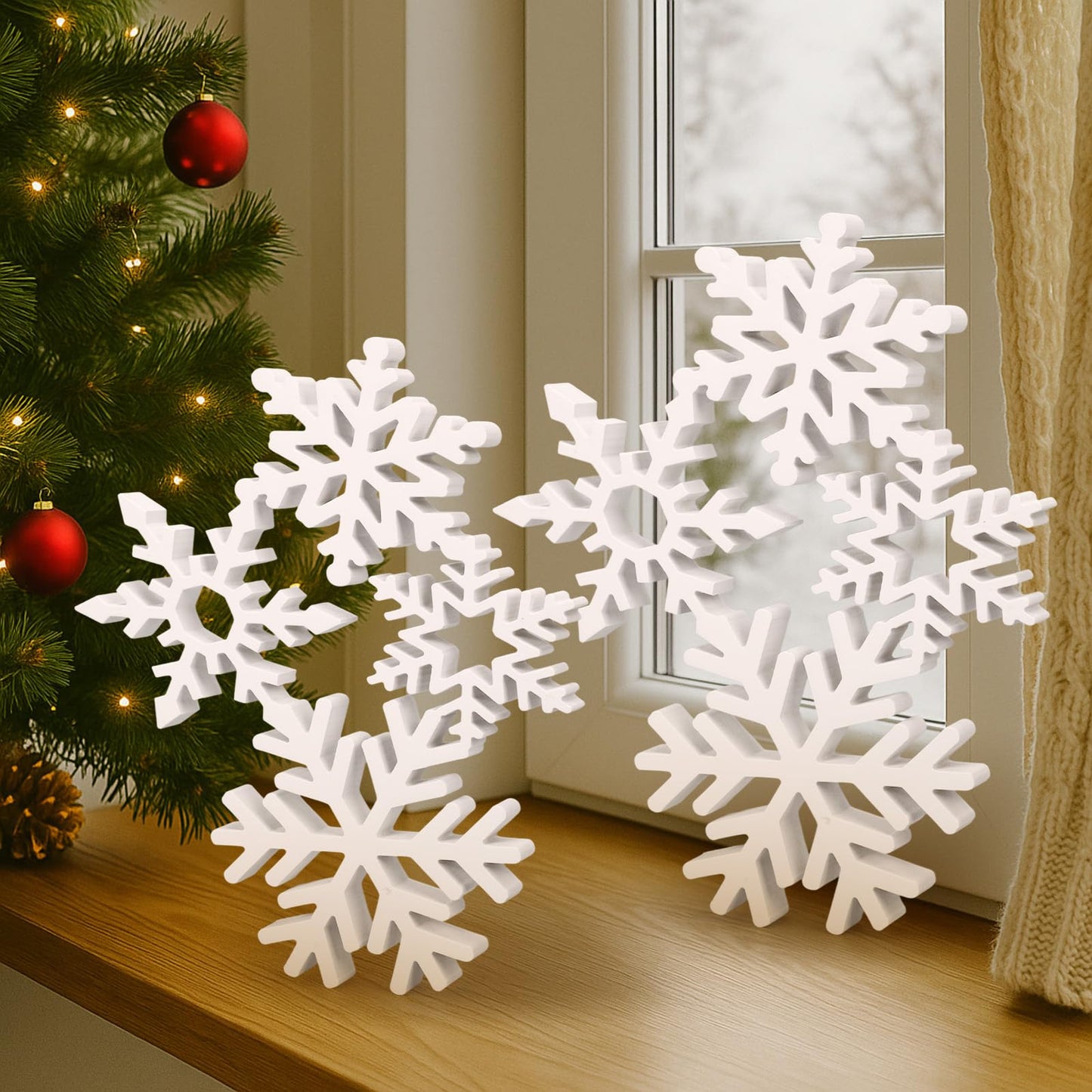 Thyle 2 Sets Christmas Wooden Snowflake Decorations 12.2 Inches 9.5 Inches 3D Winter White Snowflake Tabletop Sign Wonderland Wood Blocks for Xmas Centerpiece Farmhouse Rustic Home Decor