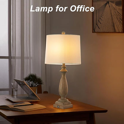 26'' Traditional Table Lamps Set of 2 with USB Charging Port, 3-Way Dimmable Rustic Farmhouse Resin Bedside Lamps for Bedroom, Vintage Nightstand Desk Lamp for Living Room &White Linen Shade