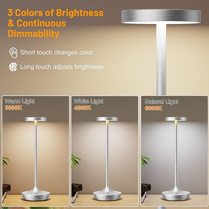 Cordless Table Lamp Rechargeable - 6000mAh LED Battery Operated Table Light - Portable Touch Dimmable Outdoor Waterproof Table Lamps for Patio Bar Restaurant Dining (2 Silver)