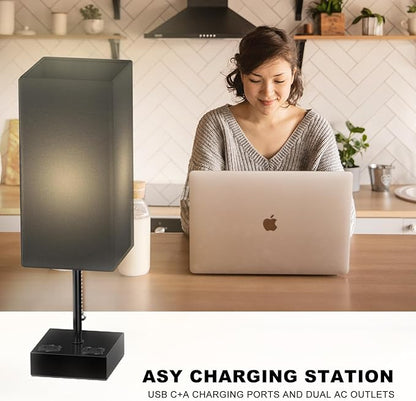 Table Lamp for Bedroom with USB,Bedside Lamp with USB C+A Charging Ports,Adjustable 3color LED Light for Home Decor/Nightstand/Office,Included Bulb and Fabric Lamp Shade (Linen Black, 1PCS)