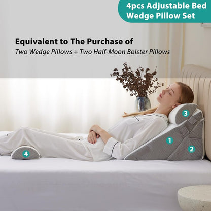 Bedluxe Adjustable 4pcs Bed Wedge Pillow Set, Memory Foam Wedge Pillows Post Surgery for Back, Neck, Leg Pain Relief, Pillow Wedge for Sleeping, Sitting up in Bed, Acid Reflux and GERD, White/Grey
