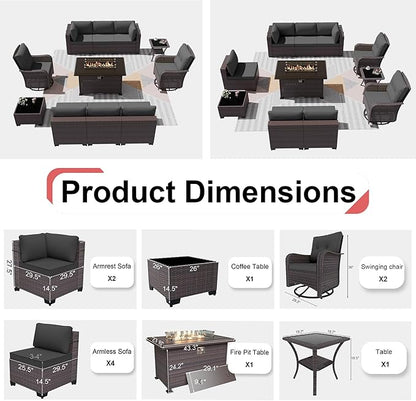 Kurapika 11 Pieces Patio Furniture Set, Rattan Wicker Outdoor Conversation Sets w/43in Propane Fire Pit Table, Swivel Rocking Chairs Patio Sectional Sofa w/4 Inch Cushion, Grey