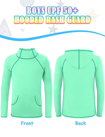 Boys Hooded Long Sleeve Rash Guard Swim Shirt, Youth Kids UPF 50+ Fishing Shirt, Sun Protection Hiking Beach Hoodie