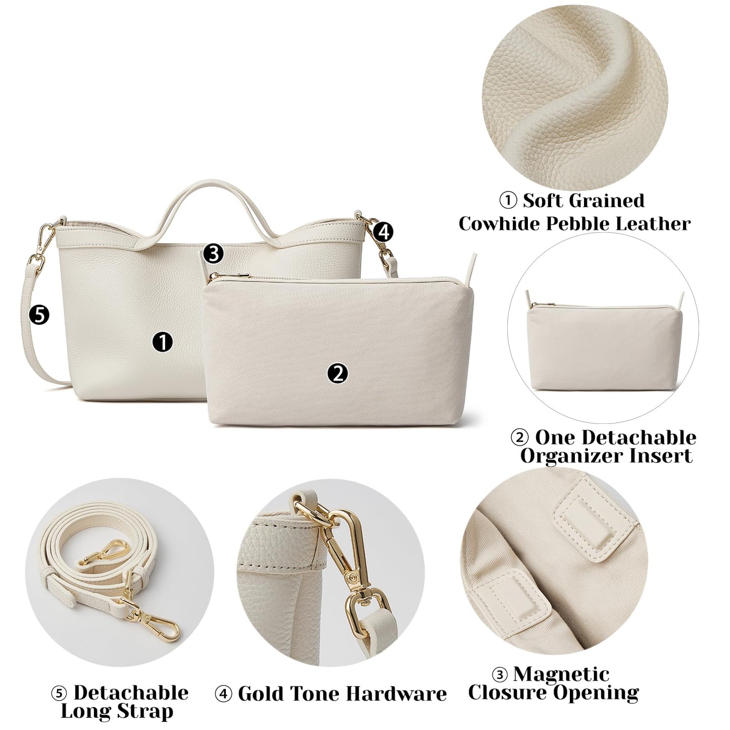 DAILANDO Genuine Leather Top Handle Satchel Purse for Women, Medium Trendy Tote Hobo Bag with Organizer Insert Zipper Pouch (2-White)