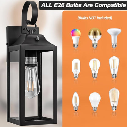 Dusk to Dawn Wall Lights 2 Pack, Black Outdoor Light Fixtures Wall Mount, 15 Inch Exterior Wall Sconces Waterproof, Large Outside Lights for House, Modern Wall Lanterns Clear Glass