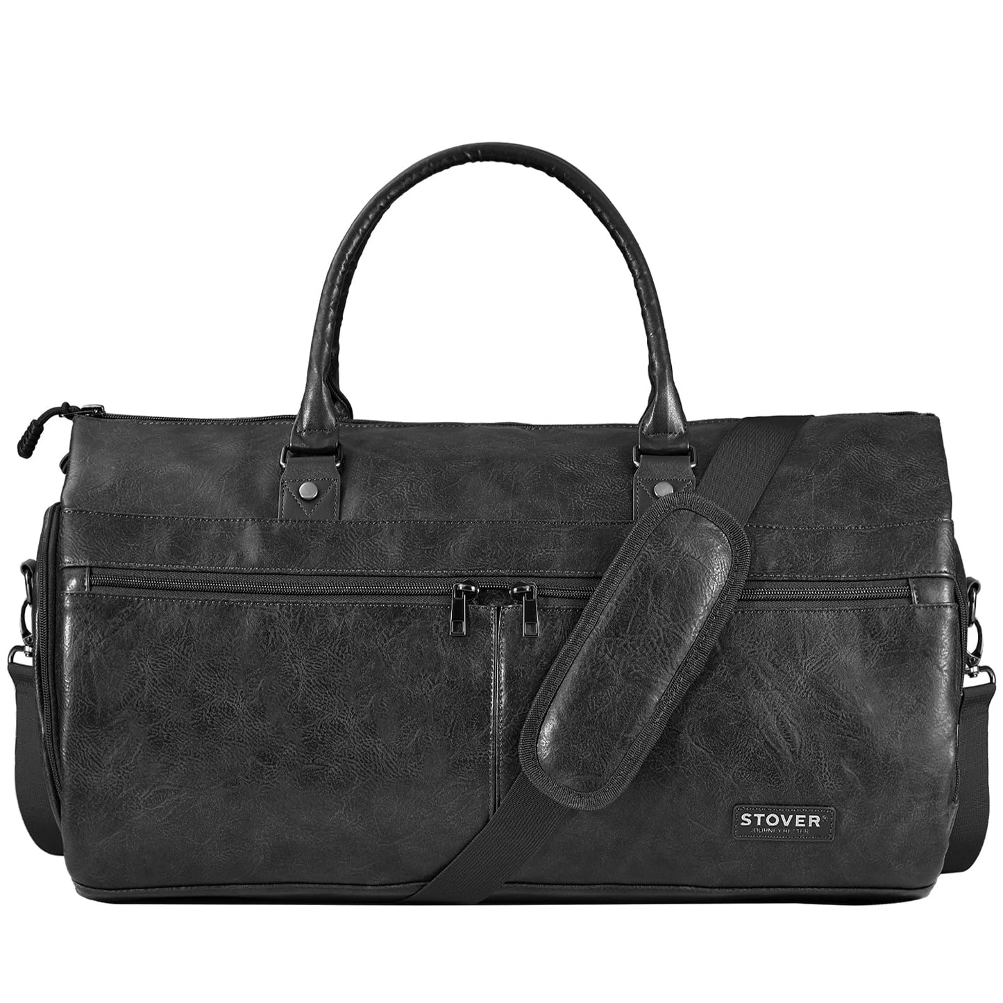 STOVER Garment Travel Duffle Bag, Large 2-in-1 Convertible Carry-on Luggage for Men & Women- Hanging Suits, Dresses & Clothes + Shoe Compartment- Weekender Tote Combo Duffel (Black Leatherette)
