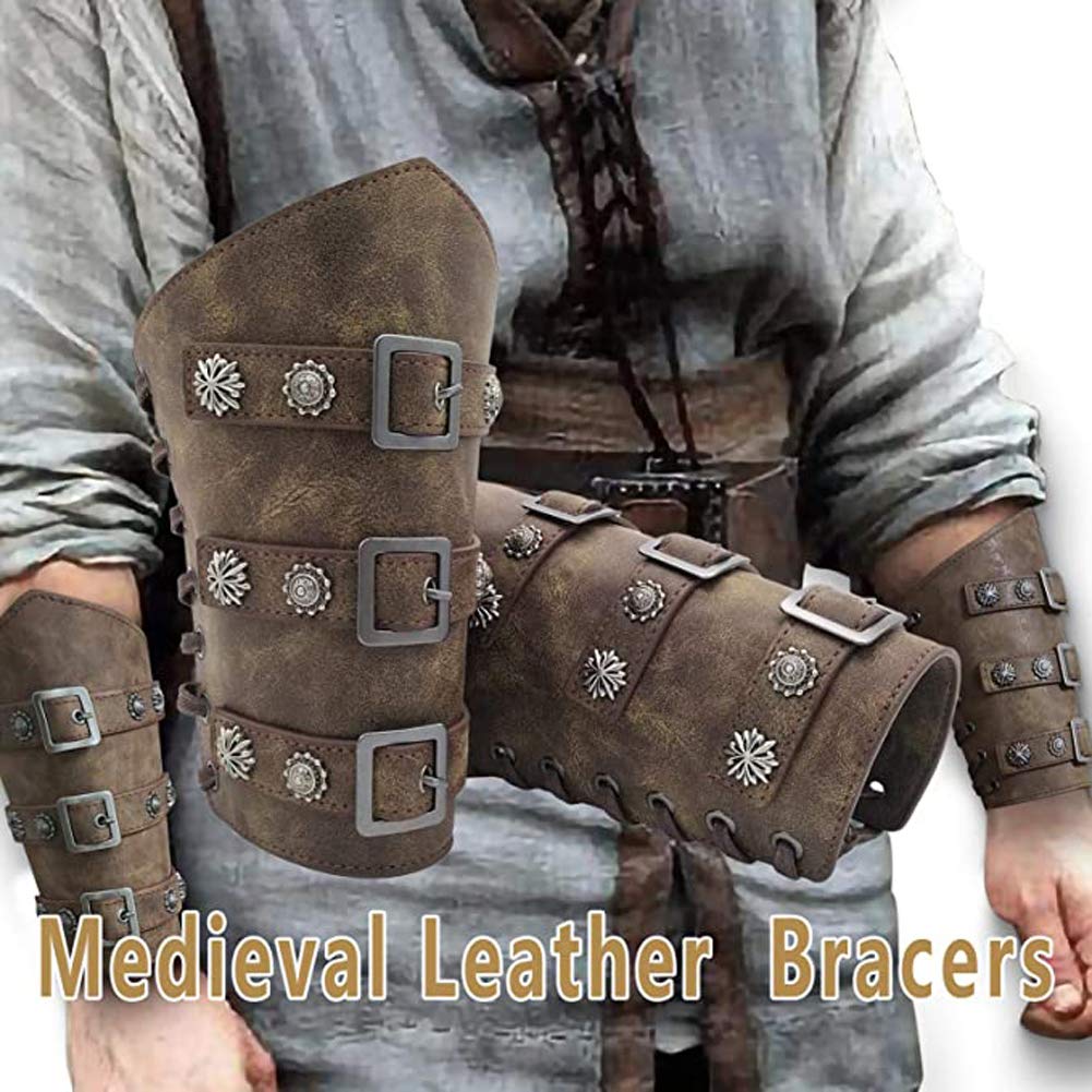 Jeilwiy Leather Gauntlet Wristband Viking Wrist Guards Renaissance Arm Cuffs Archery Bracers Leather Armband Wrist Armor Viking Faux Leather Arm Bracers Brown Bracers for Men Women
