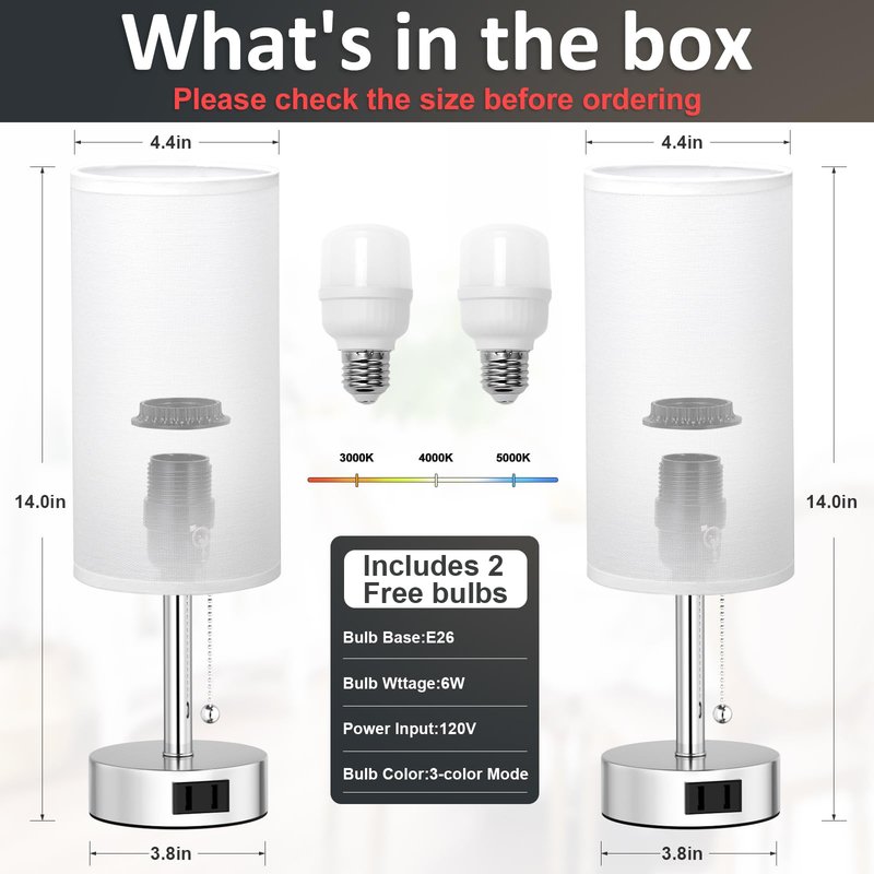 Fenmzee White Silver Bedside Table Lamps Set of 2-3 Color Temperatures Pull Chain Lamp with AC Outlet Charging Port, Two Round Night Stand Lamps for Bedroom, Small Bed Side Light with E26 LED Bulbs