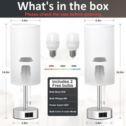 Fenmzee White Silver Bedside Table Lamps Set of 2-3 Color Temperatures Pull Chain Lamp with AC Outlet Charging Port, Two Round Night Stand Lamps for Bedroom, Small Bed Side Light with E26 LED Bulbs