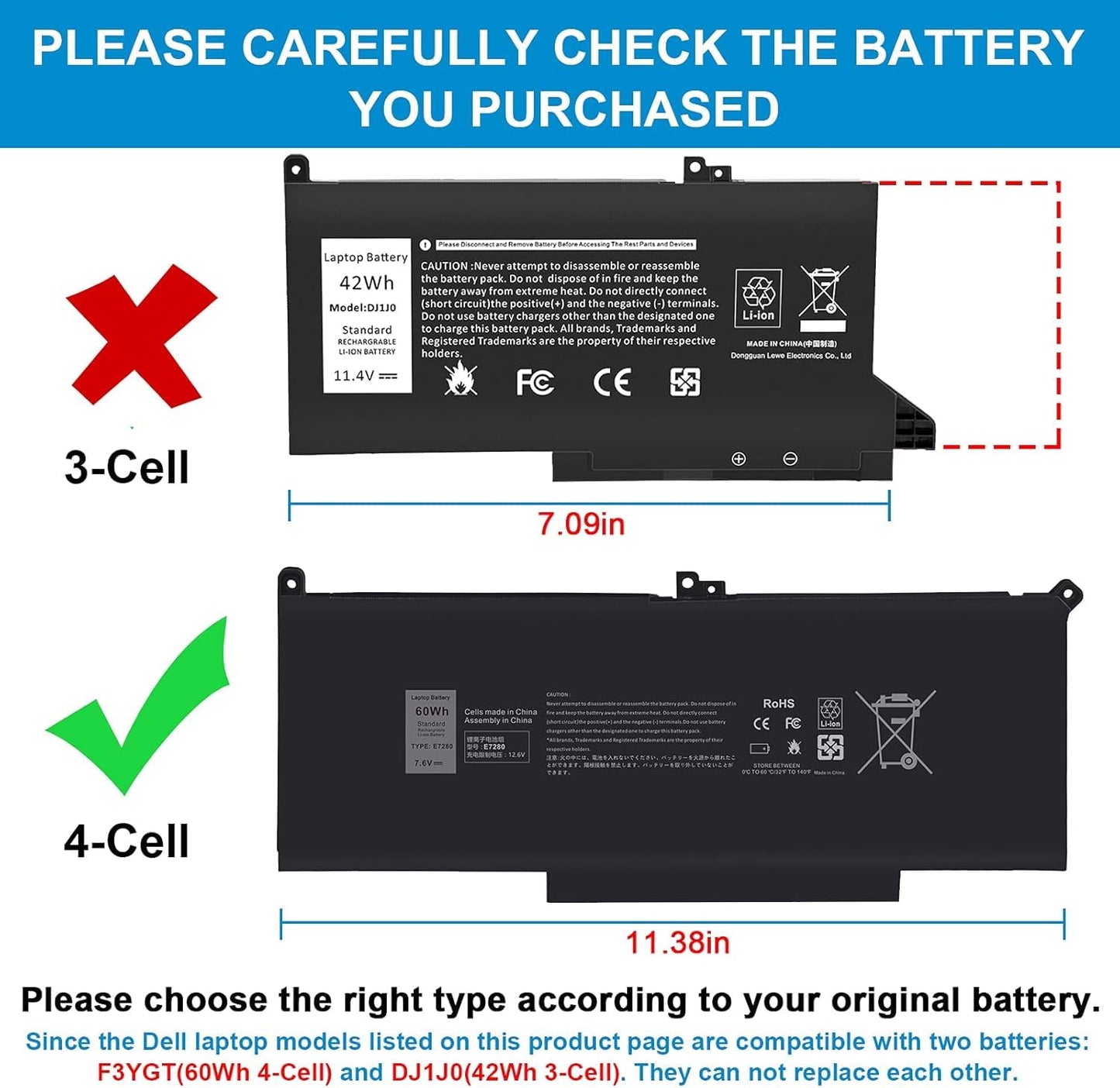 TREE.NB 60Wh F3YGT Replacement Laptop Battery for Dell Latitude 12 7000 7280 7290 13 7380 7390 P29S002 14 7480 7490 P73G002 E7480 E7280 E7290 DM3WC DM6WC 2X39G