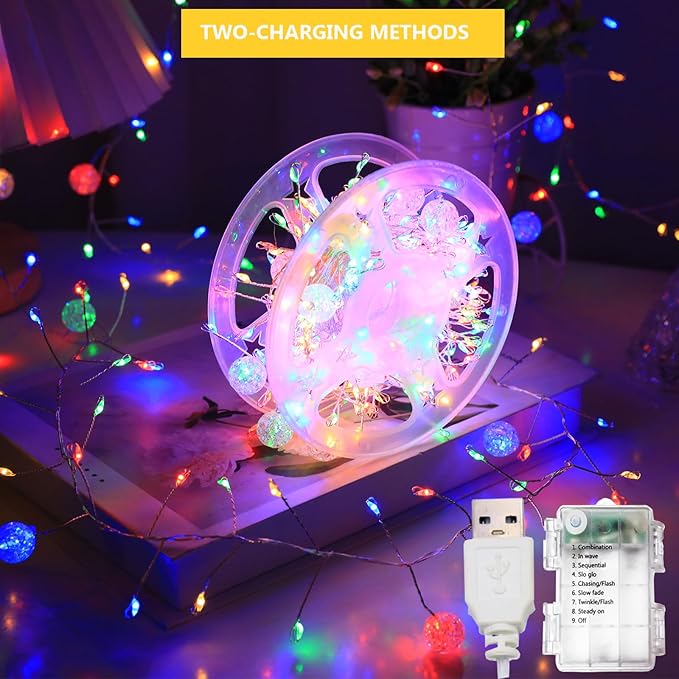 Copper Wire Firecracker Christmas Lights, 10FT 200LED Battery Operated Twinkle Cluster Fairy Lights for Christmas Tree with Remote for Bedroom Dorm Wreath DIY Wedding Christmas Decoration