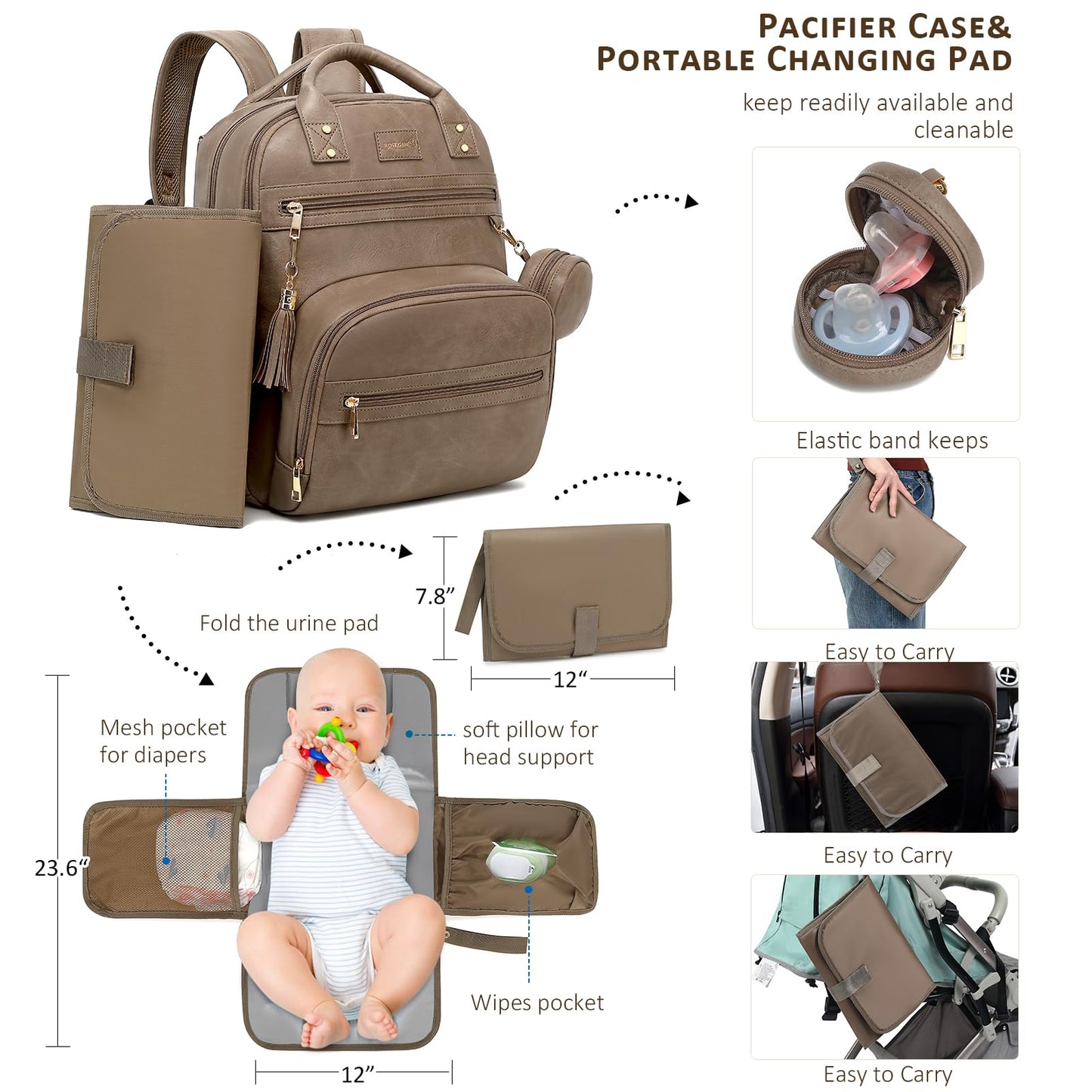 ROSEGIN Premium Vegan Leather Diaper Bag Backpack with Waterproof Changing Pad, Reinforced Zippers & Odor-Free, 20 Pockets Pro Organizer, Fits 15.6" Laptop, Stroller Straps, Baby Bag for Mom, Taupe