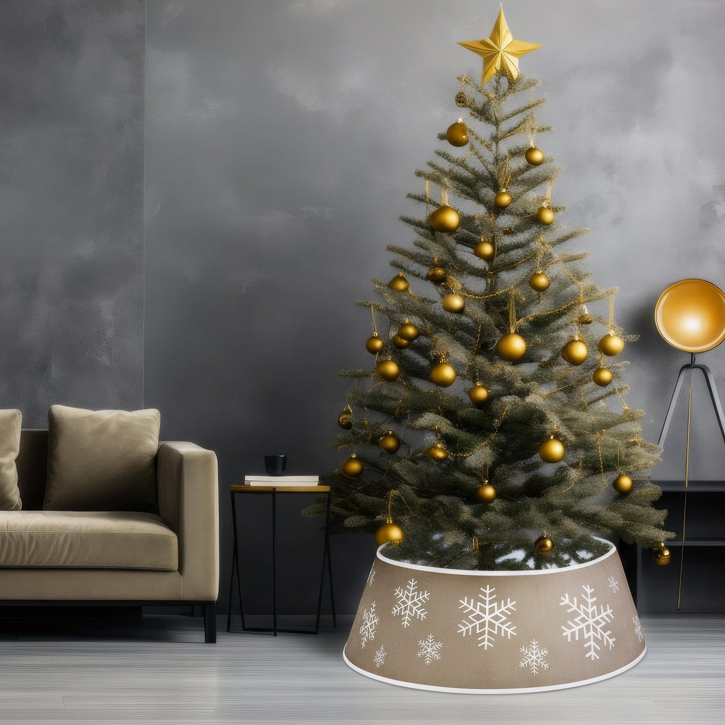 Soulchen Plain Burlap Farmhouse Christmas Tree Collars with Printed Snowflake 28 Inch Natural Burlap Boho Tree Skirt Rustic Collar for Indoor Trees Winter Home Decor (Khaki)