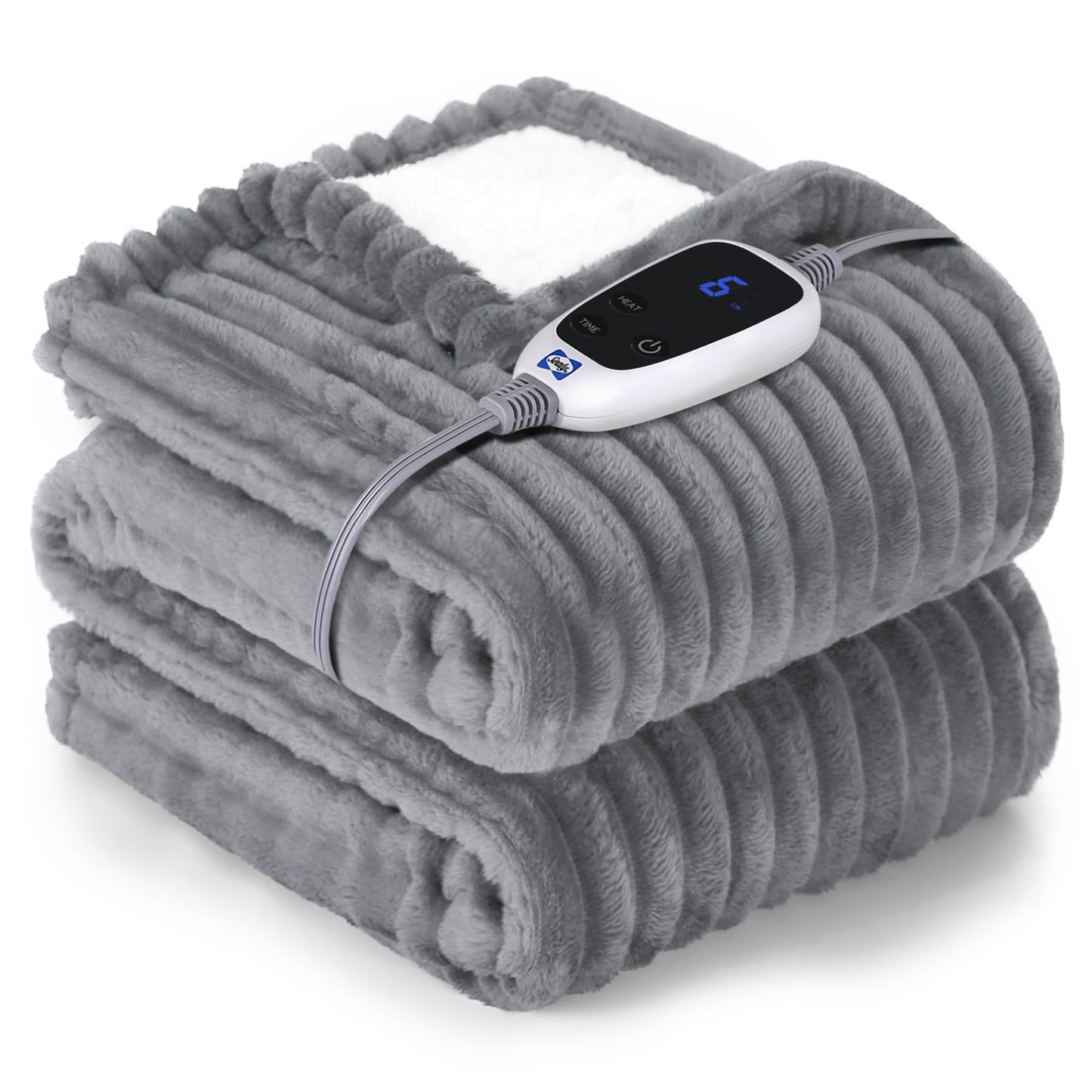 SEALY Electric Blanket Full Size, Soft Ribbed Flannel to Sherpa Reversible Heated Blanket with 10 Heat Settings & 1-12 Hours Auto-Off Overheat Protection, Machine Washable, 72"x84" Beige
