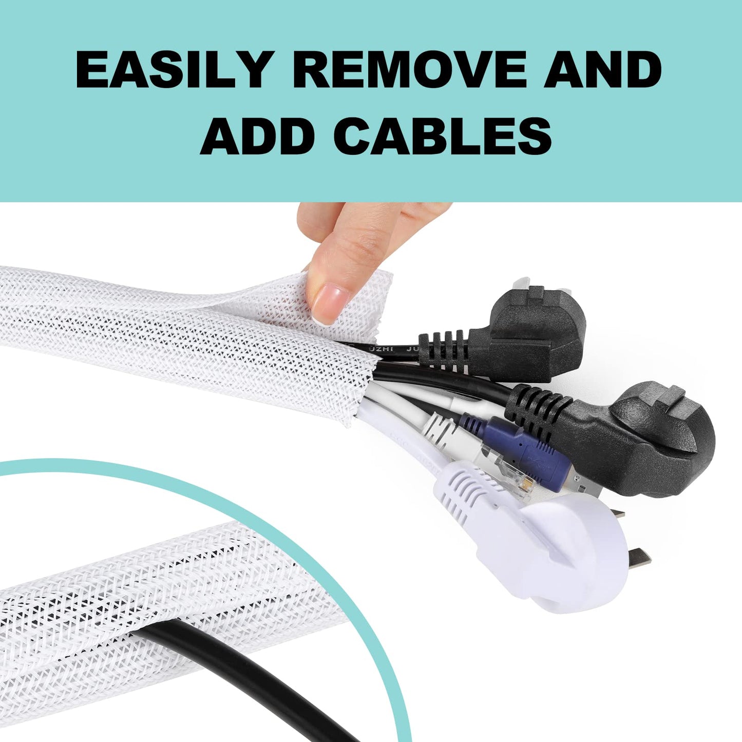 AGPTEK White Cable Sleeve Cover, 2 Pack 5ft - 1.2 inch Cord Management Wire Organizer Under Desk, Home Office Computer Wire Cover Hider Cord Protector, Protect Pet Cat Dog from Chewing, White
